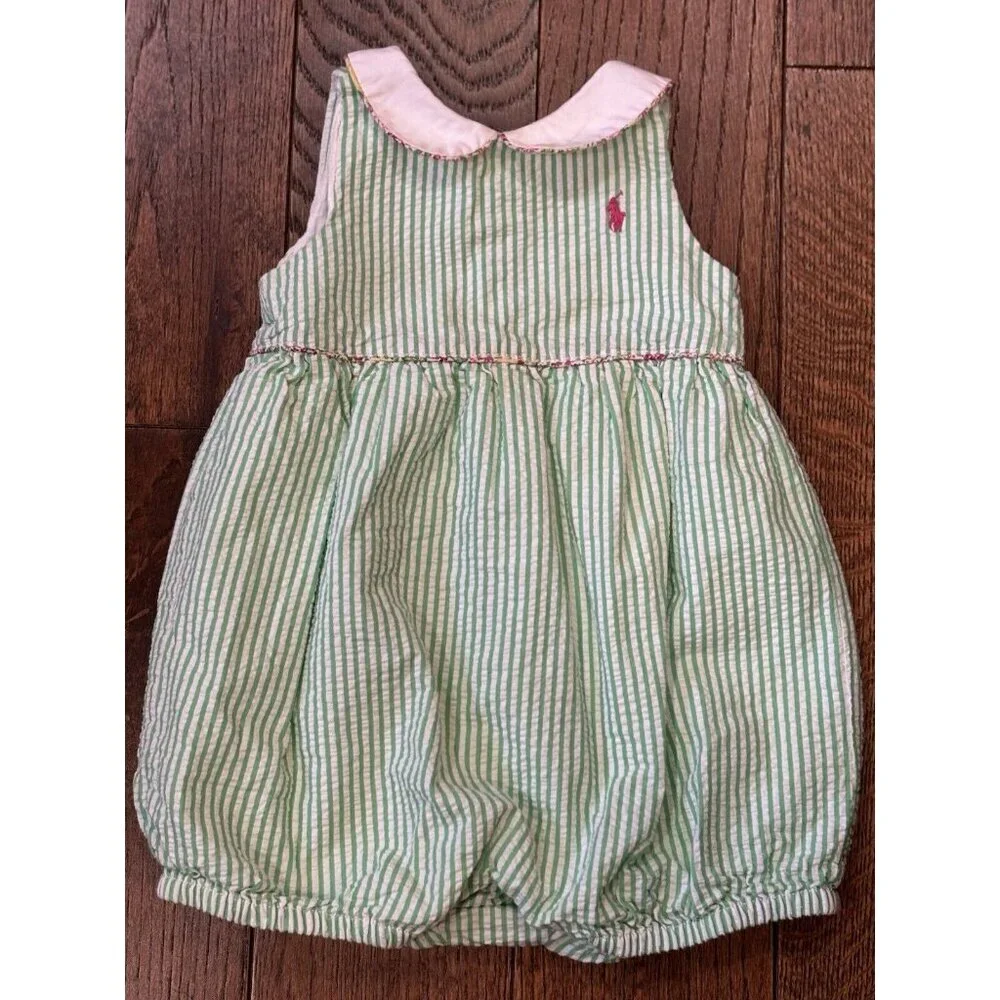 Ralph Lauren Green & White Striped Seersucker Baby One-Piece with Pink Collar